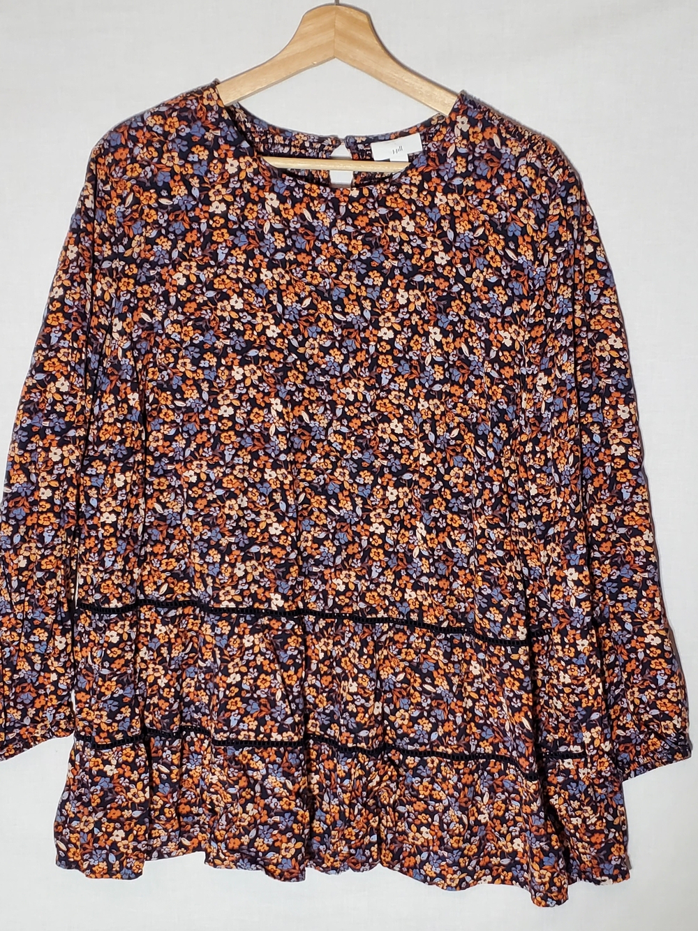 J. Jill Tiered Tunic Blouse Womens XL Navy Blue Orange Ditsy Floral Smocked Top